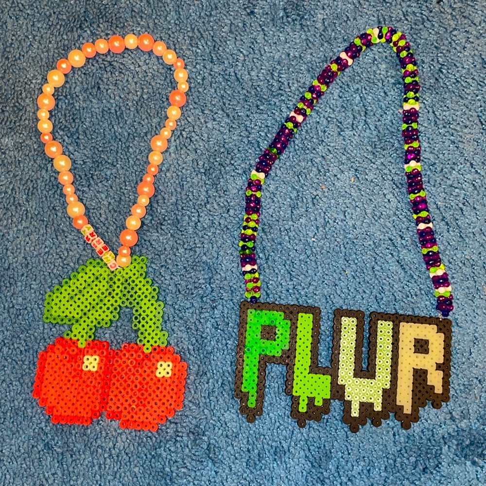 Cherries and PLUR slogan Kandi Perler Necklaces